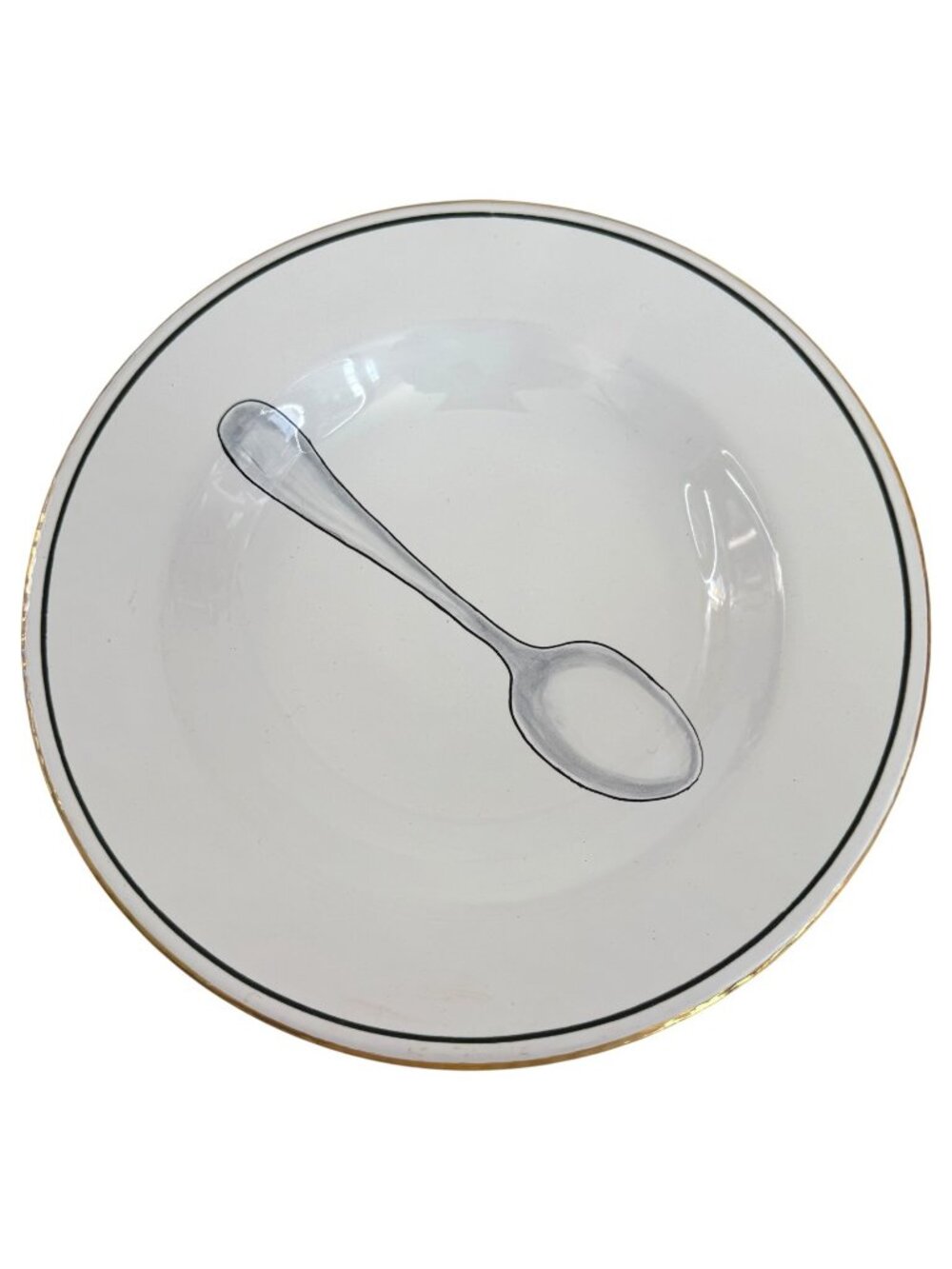 2 Peri Wolfman Posata Deruta Salad Soup Bowls Spoon Print Gold Rim Made In Italy - Picture 2 of 8